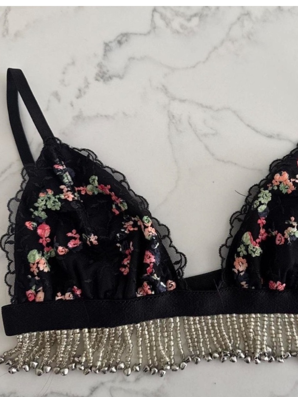 Her Pony Black Floral Embroidered Bralette with Silver Fringe